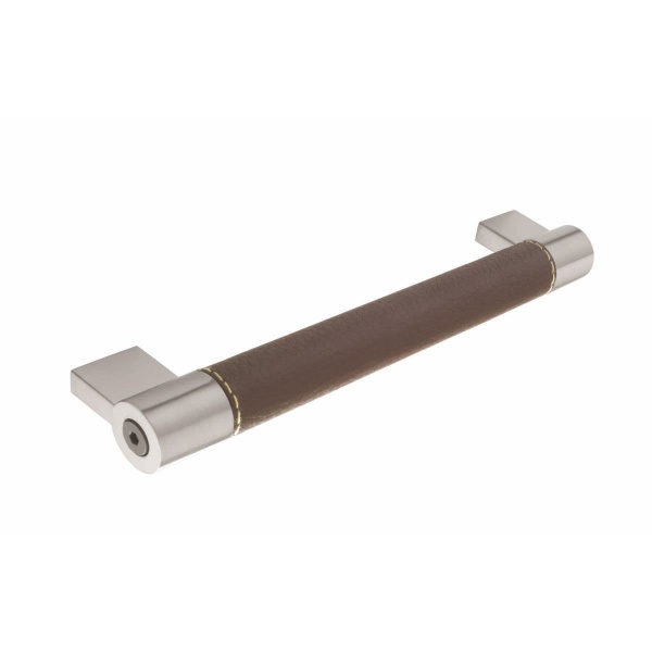 HAMMERSMITH BAR Handle - 160mm h/c size- BROWN LEATHER & BRUSHED S/STEEL finish (PWS H680.160.SSLE)